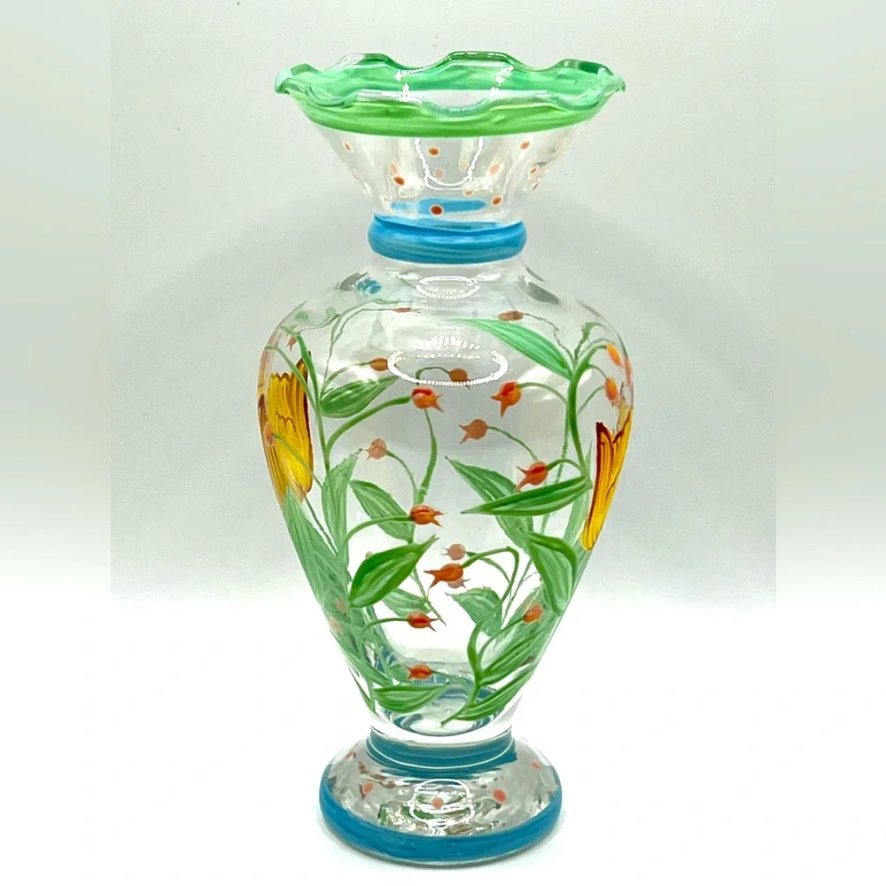 VTG Tracy Porter Hand Painted Glass Flower Vase Ruffled Rim Yellow Tulip 6.5 in